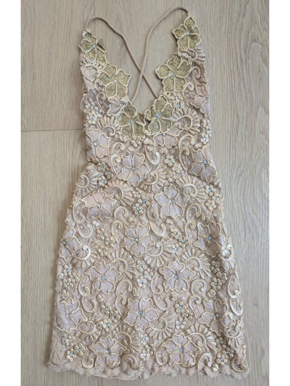 Holt Maison De Luxe White Cream Embellished Hand Painted Lace Dress S